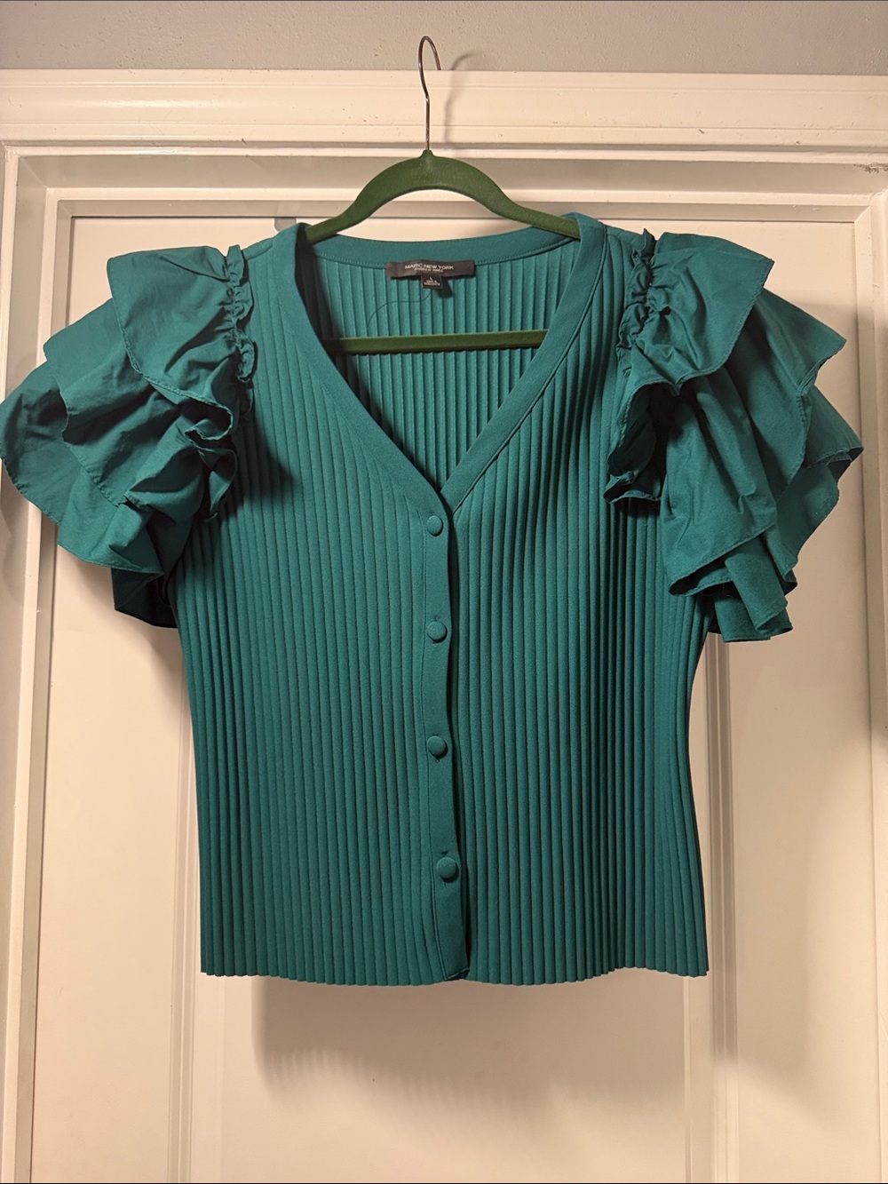 Marc New York Ruffled Sleeve V-Neck Pleated Knit Top - Teal size lg